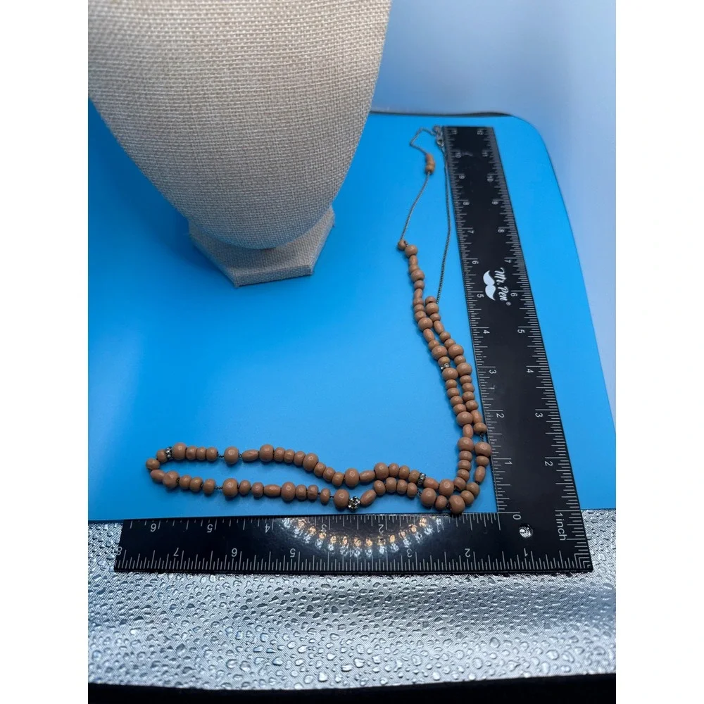 J. Crew Long Beaded Necklace Silver Tone Chain Tan Wood Beads‎ Crystal Accents